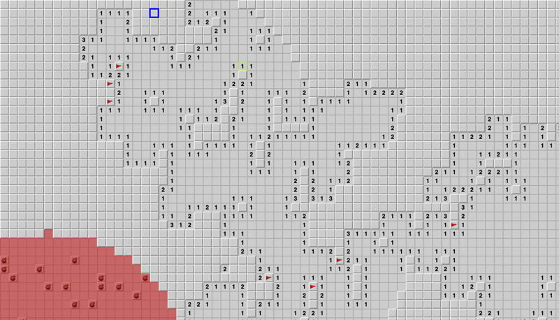a full-screen minesweeper grid with multiple cursors. parts of the grid have been revealed and flagged, and in the bottom corner are exploded mines from a misclick