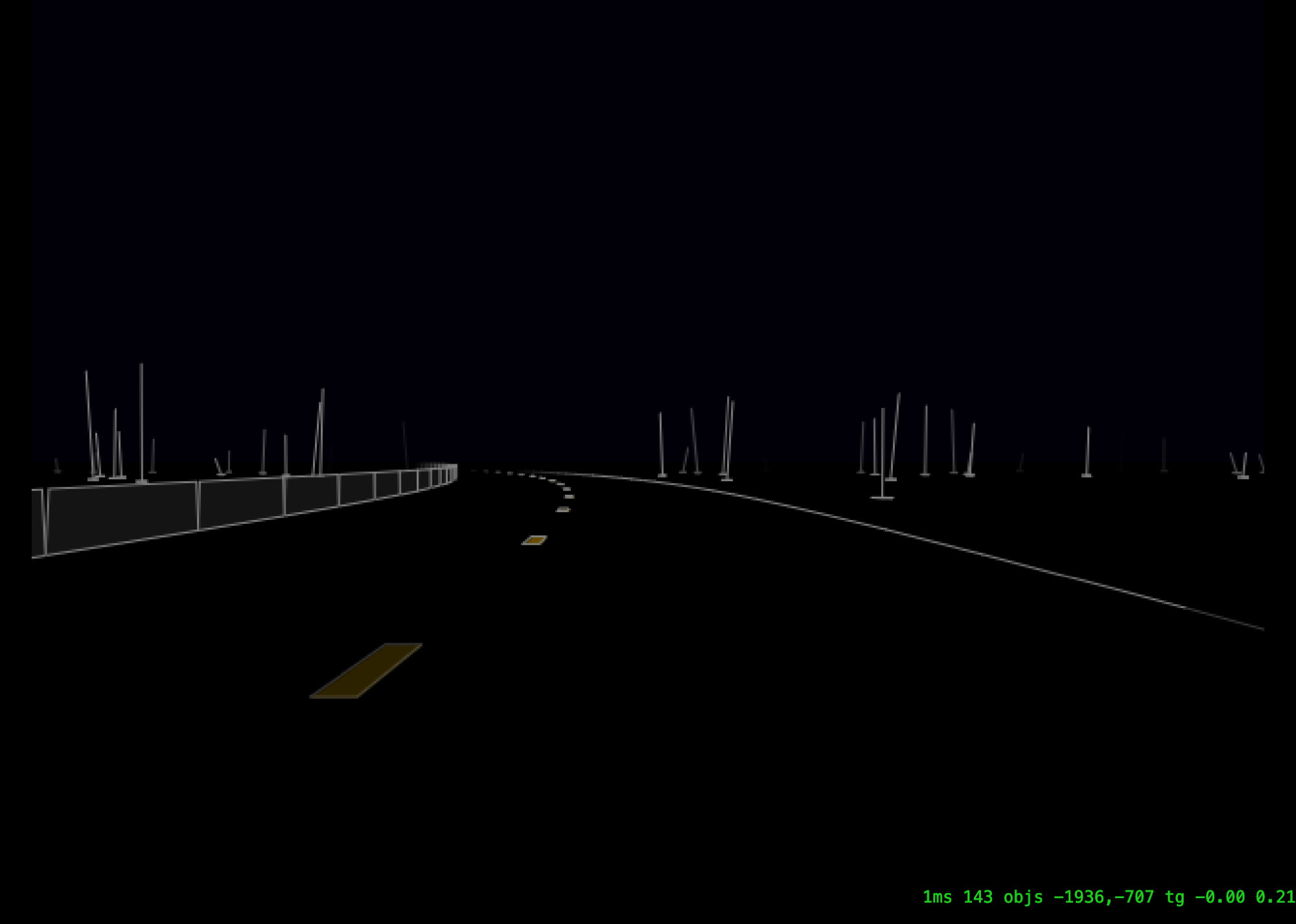 simple 3d-ish rendering of a road at night with a median, road stripes, and trees