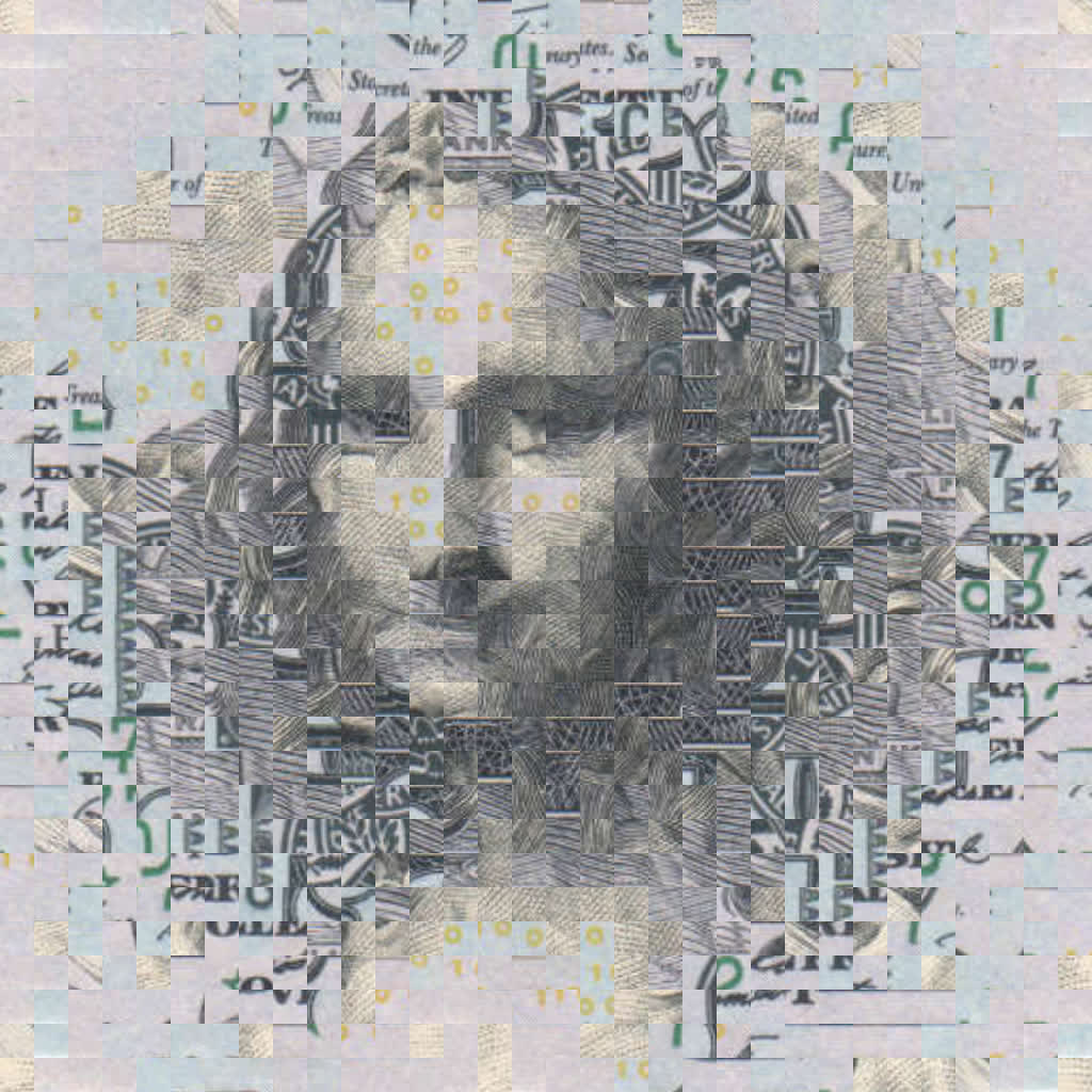 an image of the Mona Lisa made from pieces of an image of a $100 bill